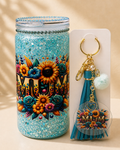 Blue Floral Best Mum Ever Gift Set – 16oz Glitter Tumbler & Matching Keyring Bundle