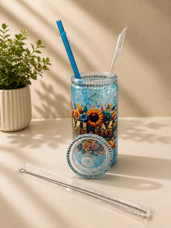 Mum Blue Glitter Snow Globe Tumbler 16oz Cup