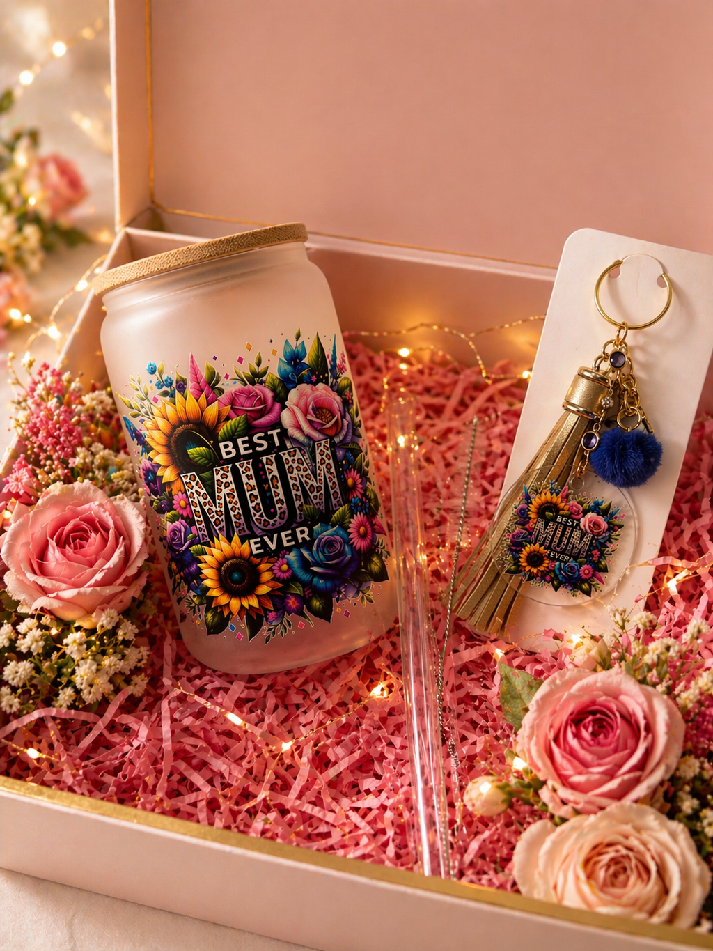 Frosted Best Mum Ever 16oz Glass Cup & Matching Keyring Bundle