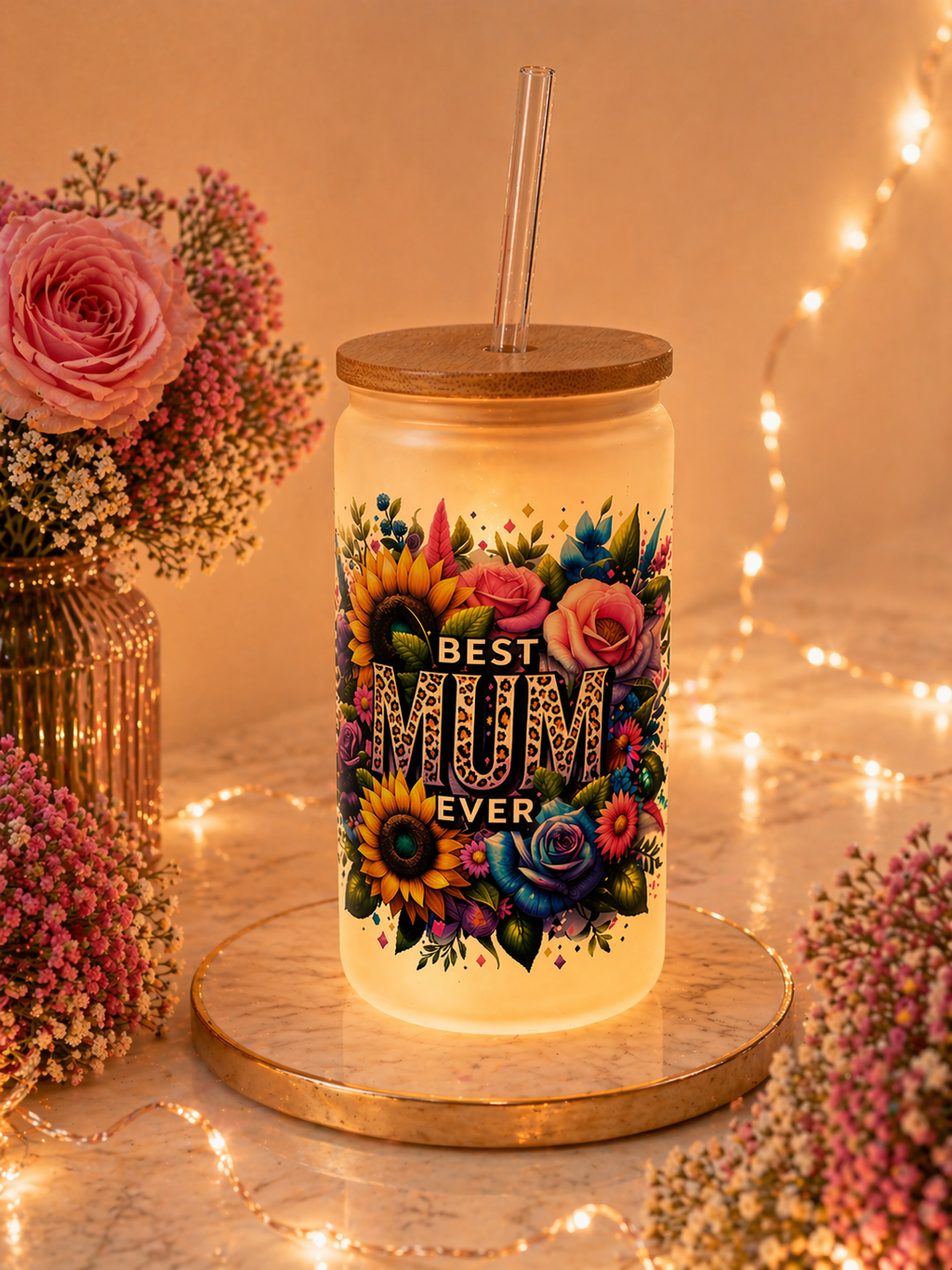 Frosted Best Mum Ever 16oz Glass Cup & Matching Keyring Bundle