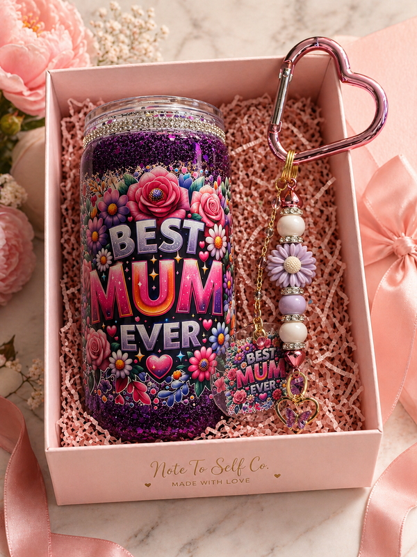 Purple Floral Best Mum Ever Gift Set – 16oz Glitter Tumbler & Matching Keyring Bundle