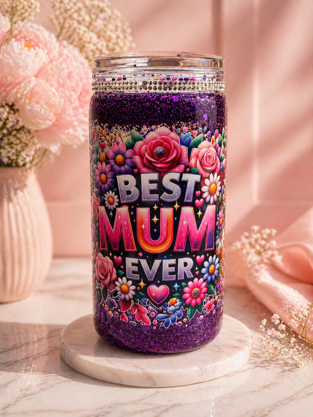 Purple Floral Best Mum Ever Gift Set – 16oz Glitter Tumbler & Matching Keyring Bundle