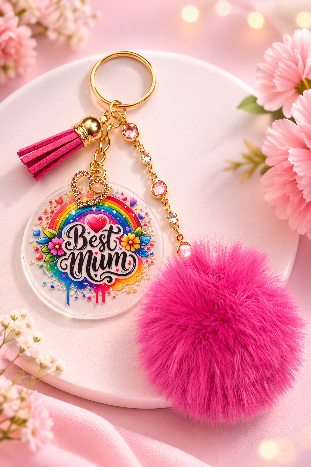 Rainbow Best Mum - Keyring with Pom & Charm