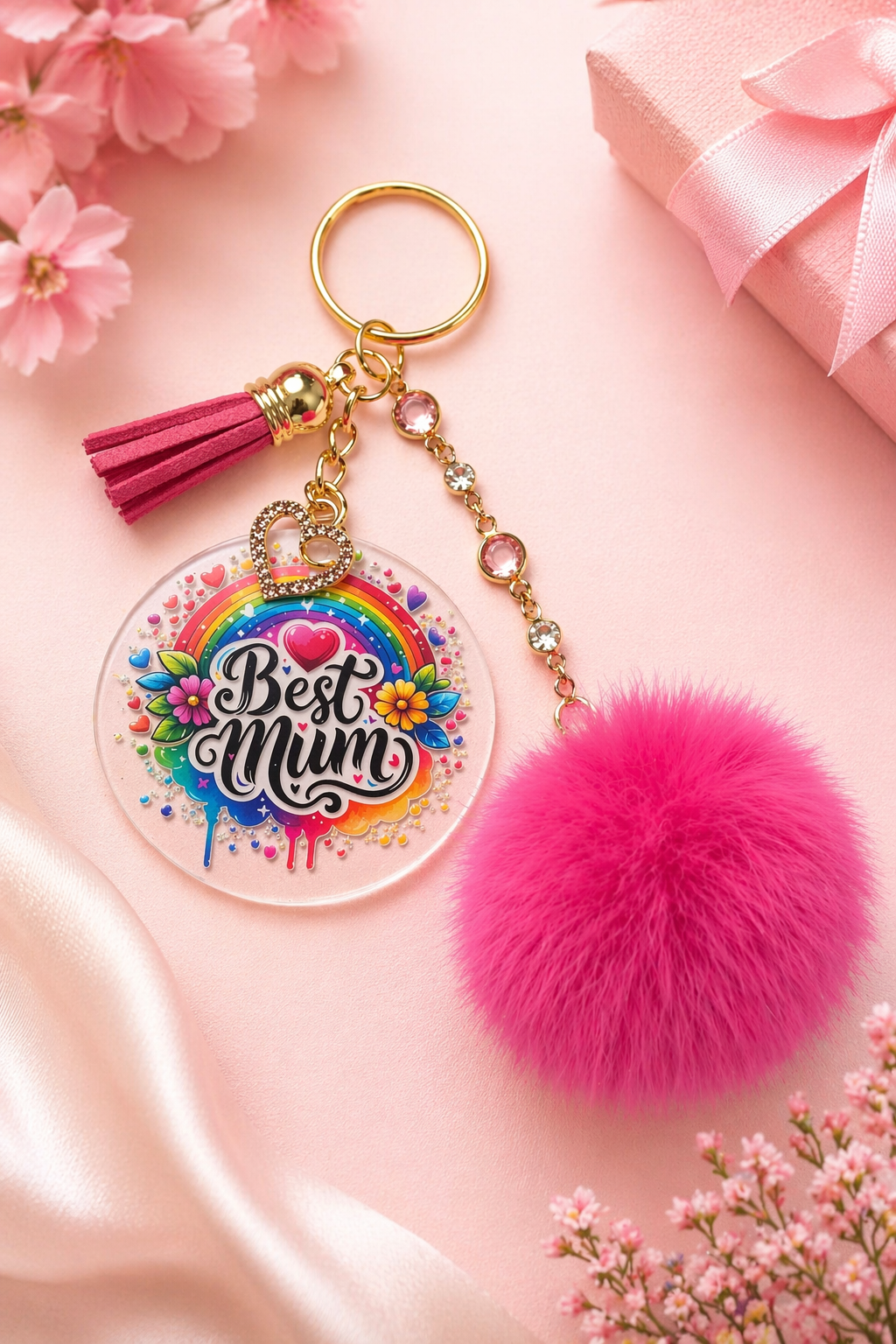 Rainbow Best Mum Gift Set – Frosted 16oz Glass Cup & Matching Keyring Bundle