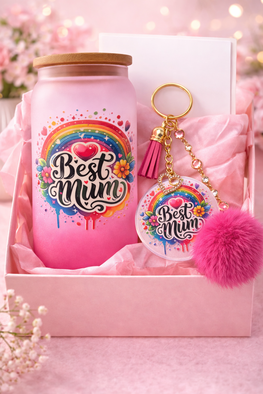 Rainbow Best Mum Gift Set – Frosted 16oz Glass Cup & Matching Keyring Bundle