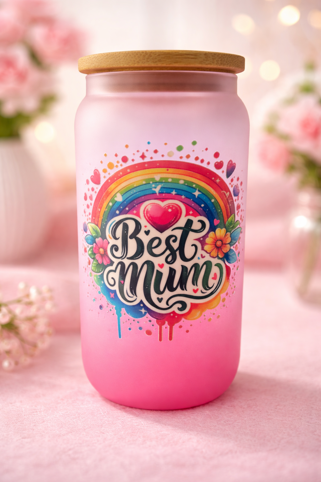 Rainbow Best Mum 16oz Glass Tumbler Cup with Bamboo Lid