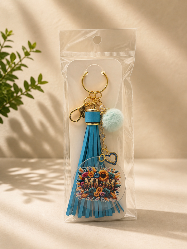 Mum Blue Floral Tassel Keyring Charm
